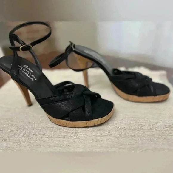 Donald J Pilner Couture Calia Heels Size 10 Black Made In Italy Cork Leather - Picture 11 of 11